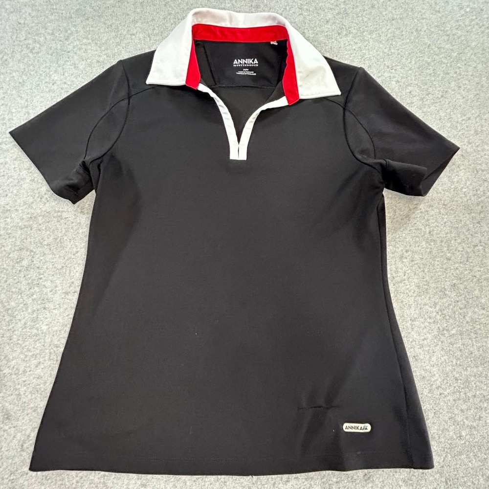 Annika Cutter‎ & Buck Polo Womens Medium Black White Red Excellent Graphic Golf